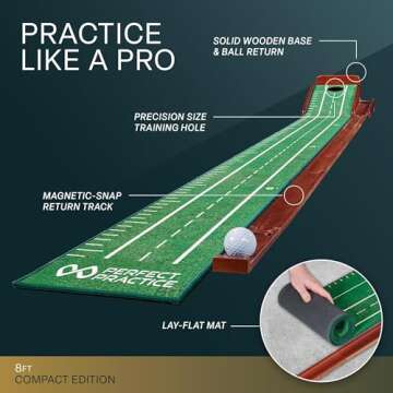 Perfect Practice Compact Golf Putting Mat with Ball Return - 8ft Portable Practice Putting Green - Training Aid for Indoor, Outdoor Golf Practice at Home, Office, Backyard - Golfing Gifts for Men