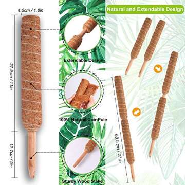 Pickei Coir Moss Pole - 26.7 Inches Coco Coir Poles with Gardening Tool Set and 78 Inches Garden Ties - 2 Natural Coir Moss Sticks for Climbing Plant Support Extension 3