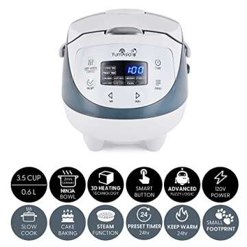 Yum Asia Panda Mini Rice Cooker With Ninja Ceramic Bowl and Advanced Fuzzy Logic (3.5 cup, 0.63 litre) 4 Rice Cooking Functions, 4 Multicooker functions, Digital LED display - 120V