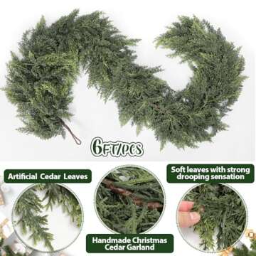 Waydress 1 Pcs 6 Feet Christmas Cedar Garland Thick and Lush Realistic Artificial Cedar Garland Green Faux Cedar Pine Needles Garland for Christmas Winter Home Mantel Fireplace Holiday Party Decor