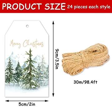 Whaline 120Pcs Christmas Paper Gift Tags Watercolor Christmas Tree Tags Gold Foil with Hemp Rope Merry Christmas Holiday Hanging Labels Gift Tags for Xmas Winter DIY Gift Party Favor Decor, 5 Designs