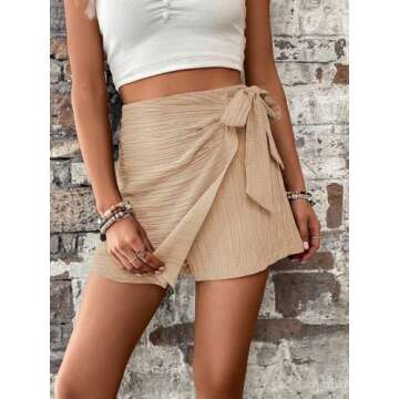 WDIRARA Women's Summer Mini Wrap Shorts Knot High Waist Belted Skorts Zipper Casual Loose Skirt Khaki M