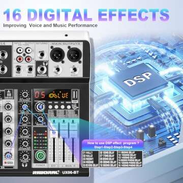 Professional 6 Channel Audio Mixer with Bluetooth