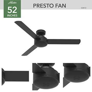 Hunter Black Ceiling Fan, Modern Presto Ceiling Fans with Wall Control, 52 Inch, Matte Black Finish, Sleek Design, Ceiling Fan No Light