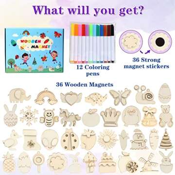 Worgree DIY Wooden Magnets, 36 pcs Wooden Art Craft Supplies Painting Kit for Kids Party Favors for Boys Girls Ages 4-8 8-12 Birthday Easter Crafts Gifts Toys Basket Goodie Bag Stuffers