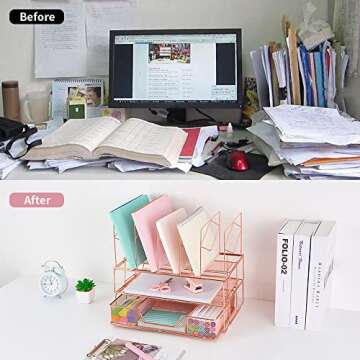 Youbetia Desk Organizers and Desk Accessories - Rose Gold Desk Organizer with File Sorters, File Organizer with Drawer, Desk Accessories & Workspace Organizers for School Office Supplies