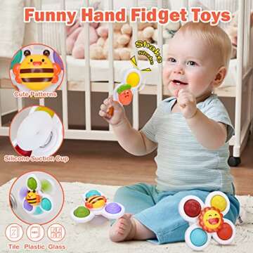 Hinzer Suction Cup Spinner Toys for 1 Year Old Boy Girl Gifts Baby Dimple Fidget Toys for 12-18 Months Bath Toys for Toddlers 1-3 Autism Sensory Spinning Top Travel Toy First Birthday Gifts, 3 Pcs