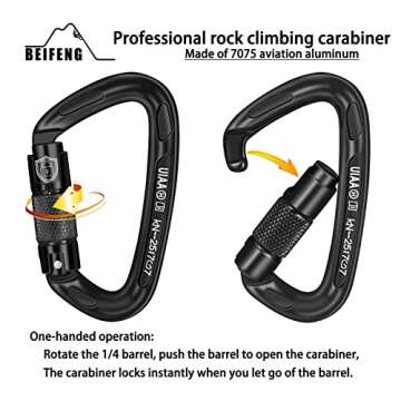 BEIFENG Auto Locking Carabiner 25KN Professional Rock Climbing Carabiner Obtained UIAA Certification Heavy Duty Carabiners Suitable for Rock Climbing, Camping, Rappelling, Rescue(All Black-4PCS)