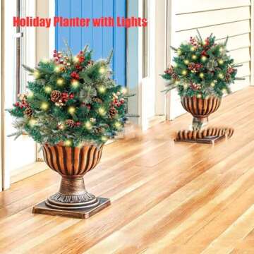 Prelit Planter Bushes Christmas, Pre Lit Planter Bushes Christmas, Holiday Christmas Planter Filler Outdoor, Lighted Artificial Xmas Pine Trees with Tripod Stake with 60 Led Lights (2pcs)