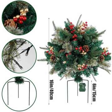 Prelit Planter Bushes Christmas, Pre Lit Planter Bushes Christmas, Holiday Christmas Planter Filler Outdoor, Lighted Artificial Xmas Pine Trees with Tripod Stake with 60 Led Lights (2pcs)