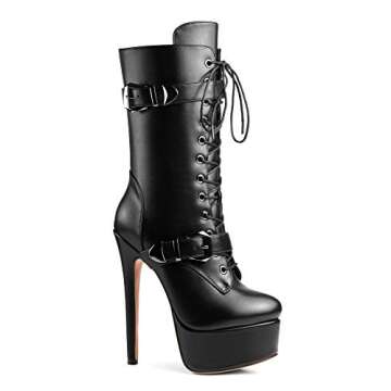 ANN CREEK 'Batian' Classic High Platform Mid Calf Boots Ultra High Stiletto Heels Lace Up Boots Faux Leather Round Toe Tie Up Boots Sexy Black Buckle Strap Thin High Heel Boots Black 9