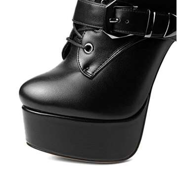 ANN CREEK 'Batian' Classic High Platform Mid Calf Boots Ultra High Stiletto Heels Lace Up Boots Faux Leather Round Toe Tie Up Boots Sexy Black Buckle Strap Thin High Heel Boots Black 9