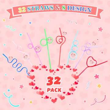 Mulbozy Valentines Day Cards for Kids School Straws, Set of 32 Crazy Straw Valentines with Heart Bag and Sticker, Valentine Exchange Card for Girls Boys Toddlers Classroom Party Favor