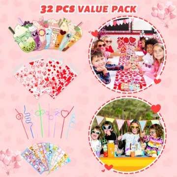 Mulbozy Valentines Day Cards for Kids School Straws, Set of 32 Crazy Straw Valentines with Heart Bag and Sticker, Valentine Exchange Card for Girls Boys Toddlers Classroom Party Favor