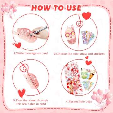 Mulbozy Valentines Day Cards for Kids School Straws, Set of 32 Crazy Straw Valentines with Heart Bag and Sticker, Valentine Exchange Card for Girls Boys Toddlers Classroom Party Favor