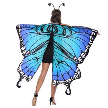 Spooktacular Creations Adult Butterfly Costume, Wing Cape Shawl with Lace Mask and Black Velvet Antenna Headband for Adult Women Halloween Costume-Blue