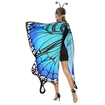 Spooktacular Creations Adult Butterfly Costume, Wing Cape Shawl with Lace Mask and Black Velvet Antenna Headband for Adult Women Halloween Costume-Blue