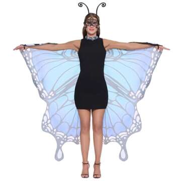 Spooktacular Creations Adult Butterfly Costume, Wing Cape Shawl with Lace Mask and Black Velvet Antenna Headband for Adult Women Halloween Costume-Blue