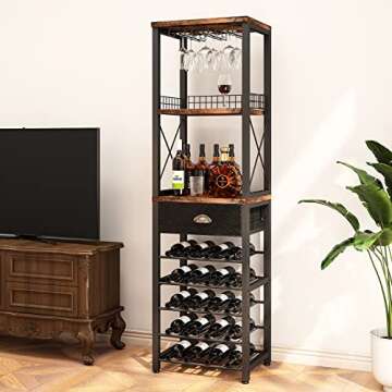 Homeiju Wine Rack Freestanding Floor, Bar Cabinet for Liquor and Glasses, 4-Tier bar Cabinet with Tabletop, Glass Holder, Storage Drawer and Wine Storage for Living Room, Home Bar(Patent No.D29872845)