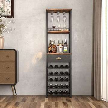 Homeiju Wine Rack Freestanding Floor, Bar Cabinet for Liquor and Glasses, 4-Tier bar Cabinet with Tabletop, Glass Holder, Storage Drawer and Wine Storage for Living Room, Home Bar(Patent No.D29872845)