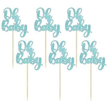 Gyufise 36Pcs Oh Baby Cupcake Toppers Glitter Baby Shower Cupcake Picks Oh Baby Cake Pick for Baby Shower Kids Boys Girls Birthday Party Cake Decorations Supplies Light Blue