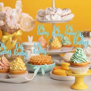 Gyufise 36Pcs Oh Baby Cupcake Toppers Glitter Baby Shower Cupcake Picks Oh Baby Cake Pick for Baby Shower Kids Boys Girls Birthday Party Cake Decorations Supplies Light Blue