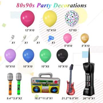 Amandir 80s 90s Theme Party Decorations, 90Pcs Balloon Garland Kit 6PCS Inflatable Disco Ball Radio Boom Box Retro Mobile Phone Guitar Microphone Balloons for Back to 80s 90s Hip Hop Birthday Supplies