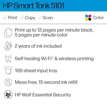 HP Smart Tank 5101 Wireless All-in-One Ink Tank Printer with 2 years of ink included,Print, scan, copy, Best-for-home, Refillable ink tank (1F3Y0A)