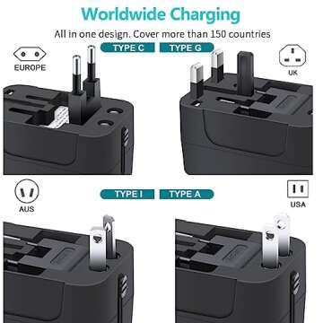 Travel Adapter, Universal Plug Adapter for Worldwide Travel, USB Type-C International Power Adapter, Travel Worldwide Essentials Plug Converter, All in One AC Wall Charger for USA EU UK AUS Asia