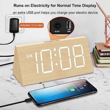 DreamSky Wooden Digital Alarm Clocks for Bedrooms - Electric Desk Clock with Large Numbers, USB Port, Battery Backup Alarm, Adjustable Volume, Dimmer, Snooze, DST, 12/24H, Wood Décor (White)