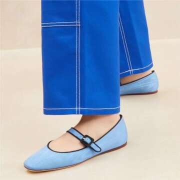 miss left Women's Comfort Buckle Strap Mary Janes Classic Closed Round Toe Ballet Flats Slip On Cozy Casual Dance Shoes Size 7.5 Blue Satin