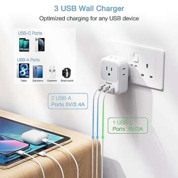 US to UK Plug Adapter with USB Charging