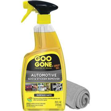 Goo Gone Automotive Adhesive, Goo & Grime Remover for Bumper Stickers, Decals, Tree Sap, Brake Dust, Bird Droppings - 24 oz + MicroFiber Buffing Towel