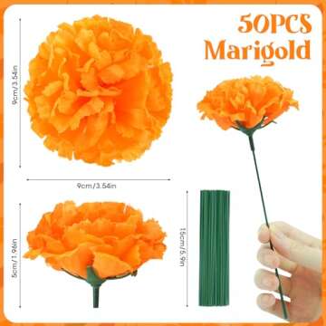 Day of The Dead Decorations Set, 50 PCS Artificial Marigold Flowers with Stems, 12 PCS Monarch Butterfly Decorations, 12 PCS Tea Lights for Diwali Dia De Los Muertos Decor