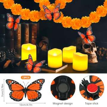 Day of The Dead Decorations Set, 50 PCS Artificial Marigold Flowers with Stems, 12 PCS Monarch Butterfly Decorations, 12 PCS Tea Lights for Diwali Dia De Los Muertos Decor