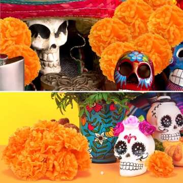 Day of The Dead Decorations Set, 50 PCS Artificial Marigold Flowers with Stems, 12 PCS Monarch Butterfly Decorations, 12 PCS Tea Lights for Diwali Dia De Los Muertos Decor