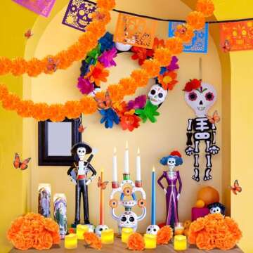 Day of The Dead Decorations Set, 50 PCS Artificial Marigold Flowers with Stems, 12 PCS Monarch Butterfly Decorations, 12 PCS Tea Lights for Diwali Dia De Los Muertos Decor