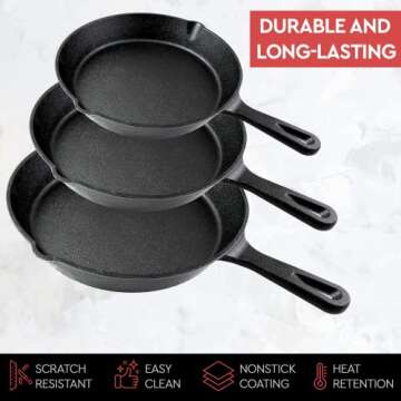 Heavy-Duty Simple Chef Cast Iron Skillet 3-Piece Set