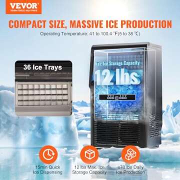 VEVOR Commercial Ice Maker, 70lbs/24H, Ice Maker Machine, 36 Ice Cubes in 12-15 Minutes, Freestanding Cabinet Ice Maker with 12lbs Storage Capacity LED Digital Display, for Bar Home Office Restaurant