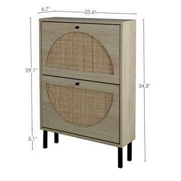 SSLine Shoe Cabinet with 2 Flip Down Storage Shelves Free-Standing Shoe Rack Rustic Wood Shoe Storage Organizer with Unique Rattan Decor for Entryway Hallway Doorway (Natural)