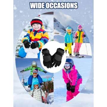 SATINIOR 2 Pairs Kids Waterproof Winter Snow Gloves Ski Gloves for Boy Girl Outdoor Warm Thickening Snowboard Gloves (Black,3-6 Years)