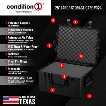 Condition 1 25" Large Heavy-Duty Protective Waterproof Hard Case, Model 024, Portable Storage Box with Customizable Foam, Camera, Tool, Hunting, Made in USA, 24.27"x19.40"x13.57" Black