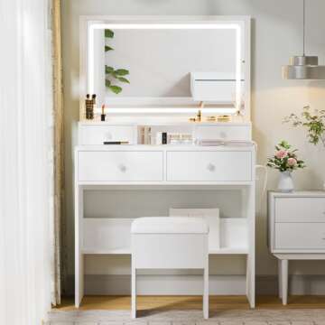 Haewon Makeup Vanity Desk with Mirror and Lights, Vanity Table with 4 Drawers, Charing Station and Storage Chair