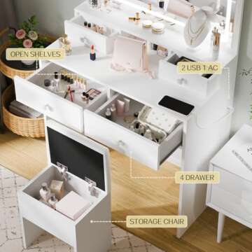 Haewon Makeup Vanity Desk with Mirror and Lights, Vanity Table with 4 Drawers, Charing Station and Storage Chair