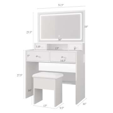 Haewon Makeup Vanity Desk with Mirror and Lights, Vanity Table with 4 Drawers, Charing Station and Storage Chair