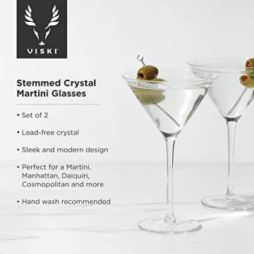 Viski Stemmed Martini Glasses, Home and Bar Drinkware, Premium Crystal Martini Accessories, Cocktail Glasses, Set of 2, 9oz, Clear