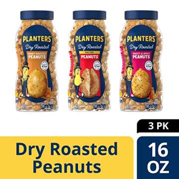 PLANTERS Peanuts Variety Pack, Dry Roasted Nuts, 16 oz Jars, (Pack of 3), Protein Snack Care Package