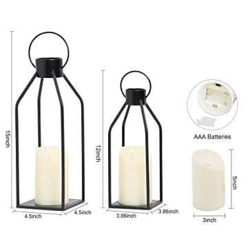 HPC Decor Modern Farmhouse Lantern Decor- Black Metal Candle Lanterns for Christmas- Lanterns Decorative w/Timer Flickering Candles for Living Room,Home,Indoor, Outdoor,Table,Fireplace Mantle Décor