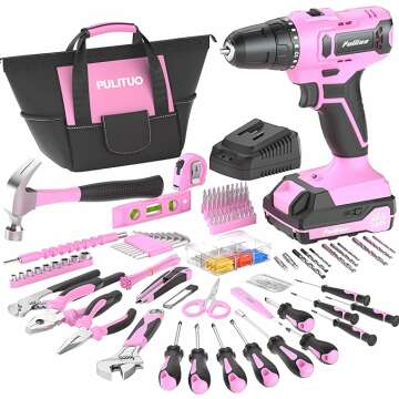 PULITUO 20V Cordless Pink Drill Tool Kit Set Power Drill Tool Box with Battery Electric Drill Driver 238-Piece Lady's Repairing Kit Toolbox Tools Sets