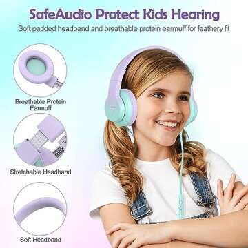 Candy Bila Kids Headphones, Wired Headphones for Kids Over Ear with Microphone, 85/94dB Volume Limiter Headphones for Girls Boys, Foldable Headphones for Learning & Entertainment,Gradient Purple